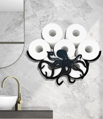 Octopus - Almacenamiento de papel higiénico de pared de metal, soporte de papel higiénico negro, soporte de papel de metal decorativo de animales,