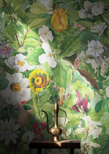 Miniatura 3 de Botanical Vegetation Garden Wall Mural. Color Pencil Artwork of Flower Garden Peel and Stick Wallpaper. Rainforest Jungle Botanical Flowers and