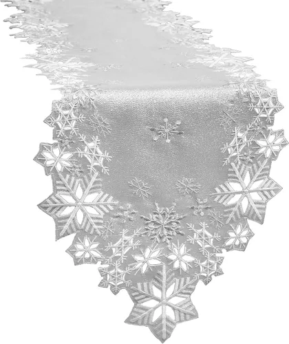 Miniatura 6 de Caminos de mesa bordados con copos de nieve para Navidad e invierno (plata, 14 x 34 pulgadas)