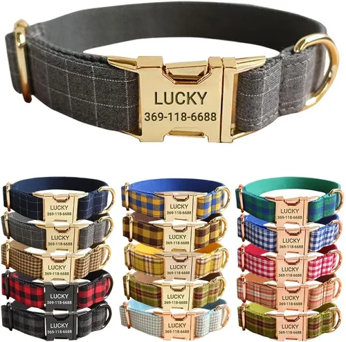 Miniatura 15 de PETDURO Collar de Perro a Cuadros Personalizado Verde Manzana - Nombre y Número de Teléfono Grabados en Hebilla de Metal Oro Rosa - Personalizado
