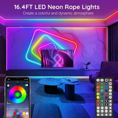 LETIANPAI Luces de Cuerda de Neón de 15 Pies, Luces de Cuerda LED Flexibles con Control por App/Control Remoto, Múltiples Modos de Sincronización de