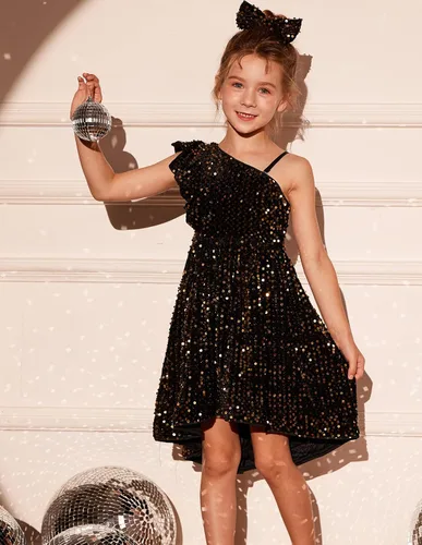 Miniatura 7 de GRACE KARIN Vestido de lentejuelas de un hombro para niñas, vestido de fiesta alto y bajo para 5-14 años
