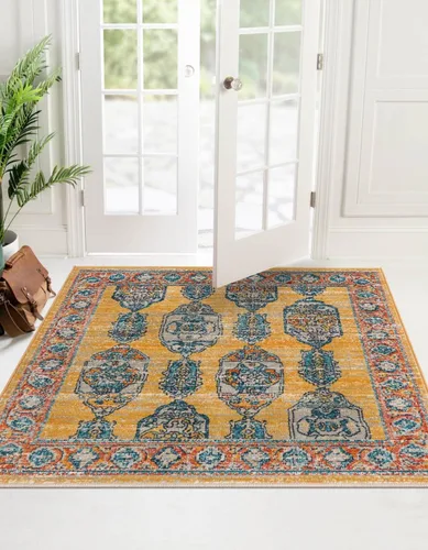 Unique Loom Lola Collection - Alfombra gruesa (3 pies 11 pulgadas, cuadrada, amarillo/azul)