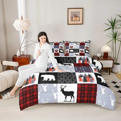 Miniatura 3 de Juego de Funda de Edredón para Adolescentes con Motivo de Caza de Alces y Venados, Juego de Ropa de Cama Navideño con Árboles y Enredaderas de Osos