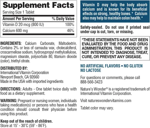 Miniatura 8 de Nature's Wonder Calcio 600 mg con vitamina D3 20 mcg para la salud ósea, 220 tabletas