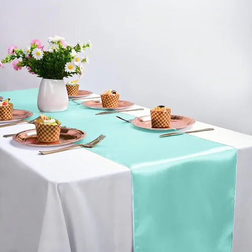 Miniatura 5 de Pack de 10 caminos de mesa de satén premium Aqua de 12 x 108 pulgadas de largo para bodas, caminos de mesa para decoraciones de fiestas