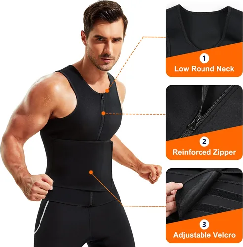 Miniatura 4 de Wonderience Traje de sauna de neopreno para hombre, chaleco de entrenamiento de cintura, con cremallera, moldeador de cuerpo con camiseta sin mangas