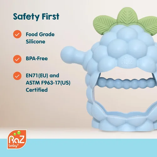 Miniatura 7 de RaZbaby RaZberry - Mordedor de silicona con agarre para bebés de 3M+ Mordedor de mano resistente a caídas para bebés y lactantes - Diseñado por