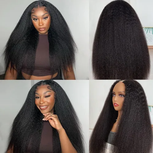 Miniatura 2 de Peluca de cabello humano liso rizado con parte en V para mujeres negras, densidad del 180%, peluca mejorada con parte en U, sin pegamento, sin