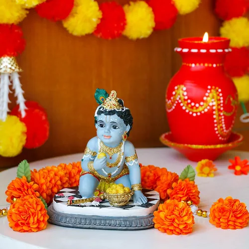 Miniatura 3 de alikiki Estatua de ídolo de bebé Krishna – 5.9 pulgadas de alto dios hindú Laddu Gopal arrodillado disfruta de Laddus India Murti Artículo