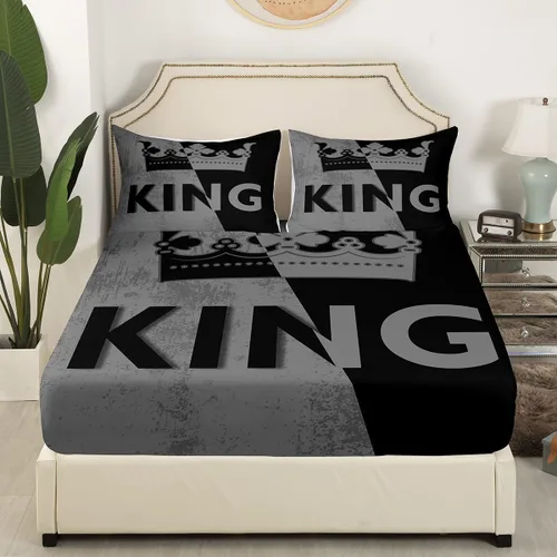 Miniatura 3 de Sábana bajera ajustable King Crown vintage negro y gris, sábanas románticas para el día de San Valentín, tamaño individual para mujeres, regalos