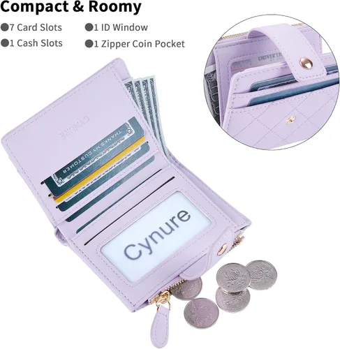 Miniatura 9 de Cartera de cuero para mujer, pequeña, compacta, plegable, con bolsillo para monedas con cremallera
