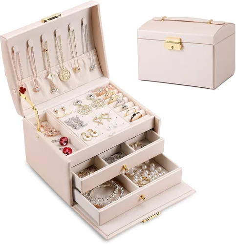 DEZZIE Joyero para mujer piel sintética para personas mayores caja de almacenamiento de joyas de tamaño mediano de 3 capas con cerradura Estuche