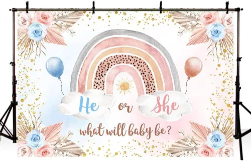 Miniatura 4 de Sendy Fondo bohemio de 7 x 5 pies para revelación de género, diseño de arco iris, decoración de fiesta de baby shower, anuncio de embarazo, pancarta
