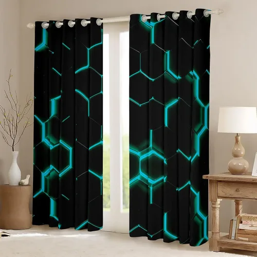 Miniatura 2 de Feelyou Cortinas hexagonales con estampado verde azulado y negro, para dormitorio, sala de estar, niños, adolescentes, decoración de panal de abeja