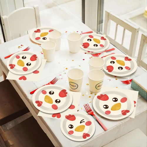 Miniatura 6 de gisgfim Paquete de 96 piezas de suministros para fiesta de cumpleaños de pollo, platos de papel, servilletas, decoración temática de fiesta