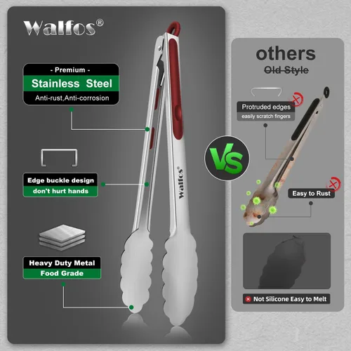 Miniatura 8 de Walfos Pinzas de cocina de acero inoxidable – Pinzas de metal de bloqueo resistentes de 7, 9 y 12 pulgadas para cocinar, asar a la parrilla, juego