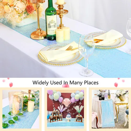 Miniatura 2 de ShiDianYi - Camino de mesa holográfico de lentejuelas de 12 x 72 pulgadas, azul iridiscente Fondo de boda con purpurina, decoración de fiesta