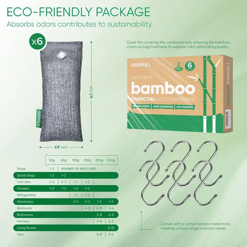 Miniatura 9 de Absorbedor de olores de carbón activado, paquete de 6 eliminadores de olores naturales para zapatos, bolsas purificadoras de aire de carbón