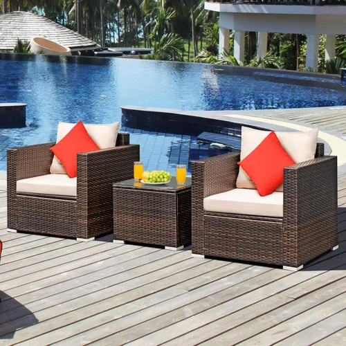 Miniatura 8 de Juego de muebles de mimbre de ratán de 3 piezas para exteriores con cojín resistente al agua y mesa de vidrio templado, juego de muebles de patio