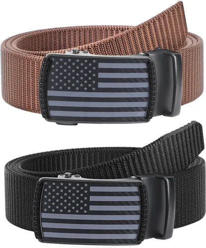 Miniatura 9 de SANSTHS Cinturones de trinquete de nailon para hombre, paquete de 2, cinturones de golf deslizantes de bandera estadounidense de 1 1/3 pulgadas