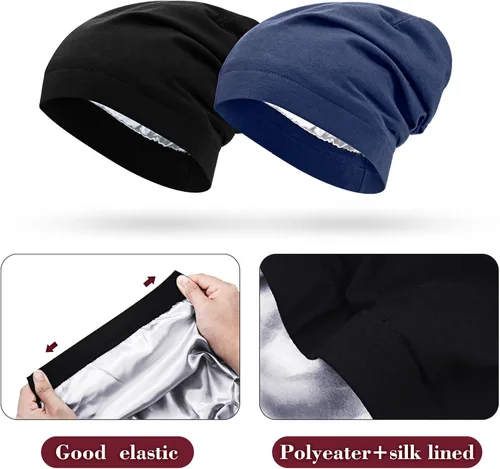 Miniatura 2 de 4 Pieces Satin Lined Beanie Cap Satin Sleep Lined Hat Slouchy Beanie Hat Night Silk Hair Cap for Women Men