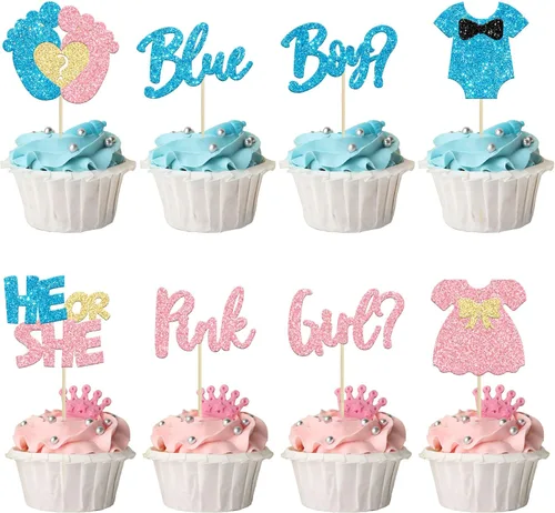 24 piezas de decoración para cupcakes para niños o niñas, pies con purpurina, vestido de revelación de género, selecciones de cupcakes, decoraciones