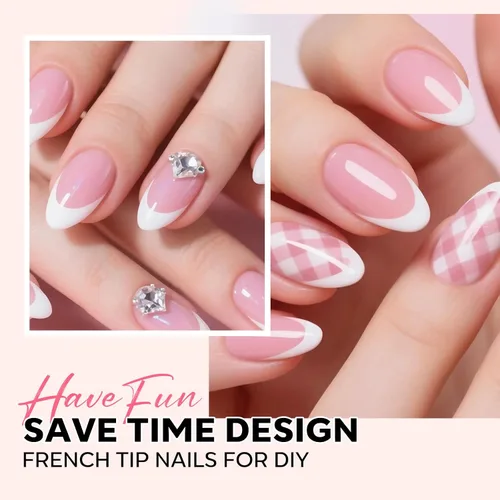 Miniatura 5 de modelones Uñas postizas adheribles de punta francesa, 150 piezas de uñas postizas cortas de almendra con caja de uñas, puntas de uñas de gel rosa