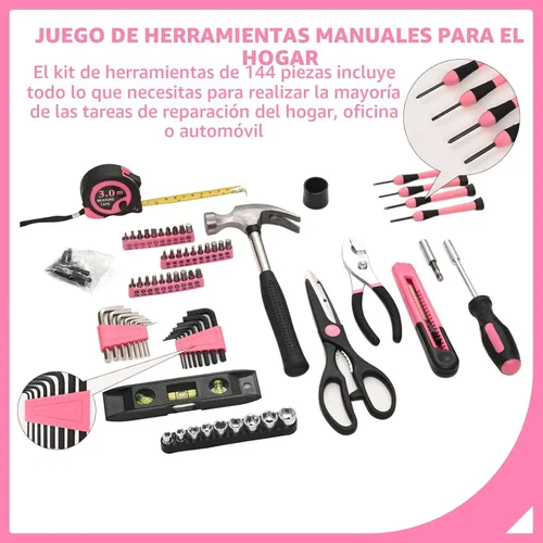 Miniatura 3 de Kit de herramientas de 144 piezas, color rosa, juego de herramientas básicas de reparación del hogar, kit de herramientas manuales para el hogar