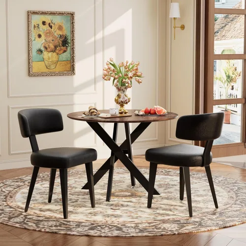 Miniatura 24 de Juego de mesa de comedor de madera para 2, mesa de cocina redonda de 36 pulgadas con 2 sillas de comedor Boucle, mesa de MDF con patas de metal