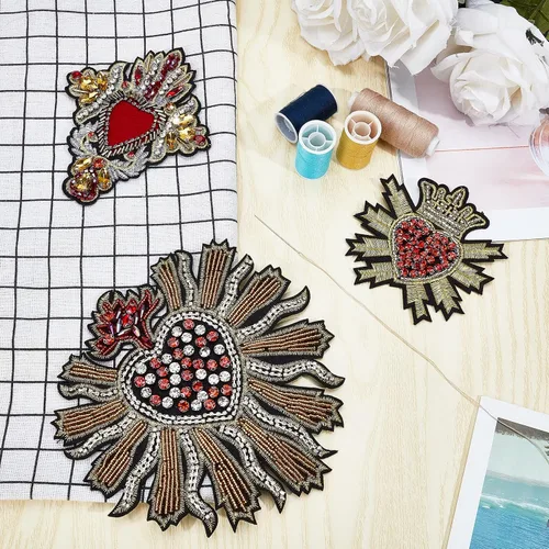 Miniatura 5 de INFUNLY Parches de lentejuelas con cuentas, 3 parches geniales para chaquetas, parches de corazón de diamantes de imitación, parches para coser