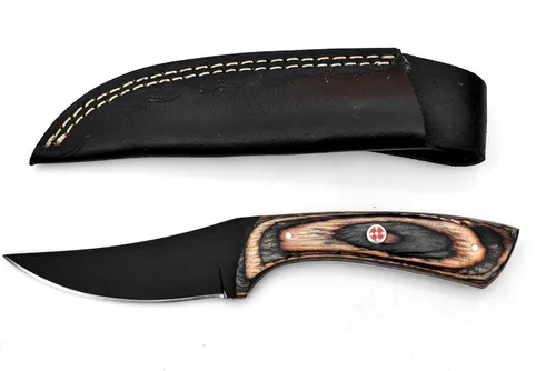 Cuchillo de caza de acero al carbono hecho a mano Bushcraft Cuchillo de hoja fija con funda cuchillo de campamento EDC (mango negro y marrón)