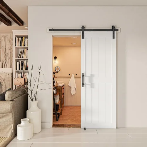 Miniatura 6 de Puerta corredera de granero de 28 x 84 pulgadas con kit de herrajes para puerta de granero de 5 pies, mango y guías de suelo, agujeros Blanco