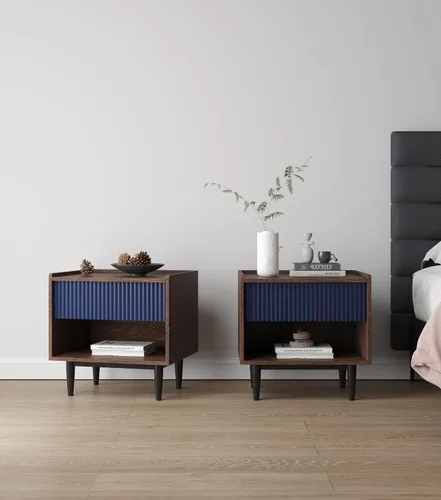 Miniatura 4 de Manhattan Comfort Duane Mesita de noche acanalada con cajón de extensión completa y estante abierto, patas de acero, mesita de noche, mesa de acento