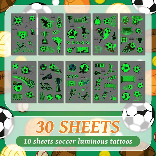 Miniatura 2 de EMOME 30 hojas de tatuajes luminosos para niños, estilos deportivos, calcomanías temporales de tatuaje con fútbol, baloncesto, fútbol, suministros