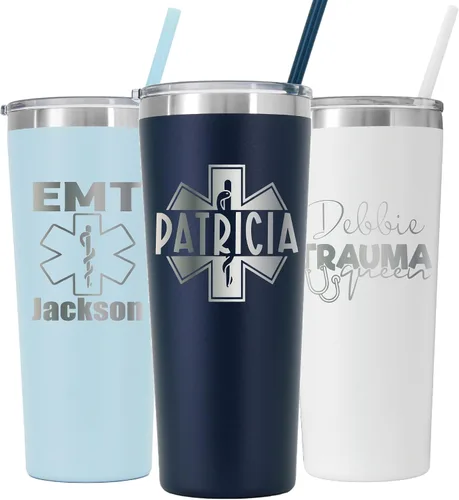 Miniatura 2 de AVITO Vaso EMT personalizado de 22 onzas, acero inoxidable, incluye popote y tapa, grabado con láser, regalo personalizado para EMT, regalos EMT