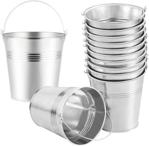 Miniatura 8 de Toyvian Mini cubos de metal con asas, 12 macetas de hojalata plateadas de 4 pulgadas para el aula, bolsas de regalo pequeñas, bolsas de regalo