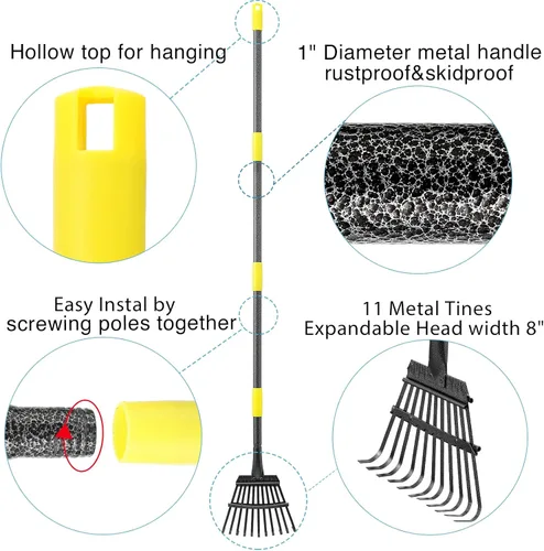 Miniatura 2 de Oliynedy Rastrillo de jardín de metal ajustable para hojas, mango largo de 30 a 60 pulgadas, 11 dientes de 9 pulgadas de ancho, rastrillo plegable