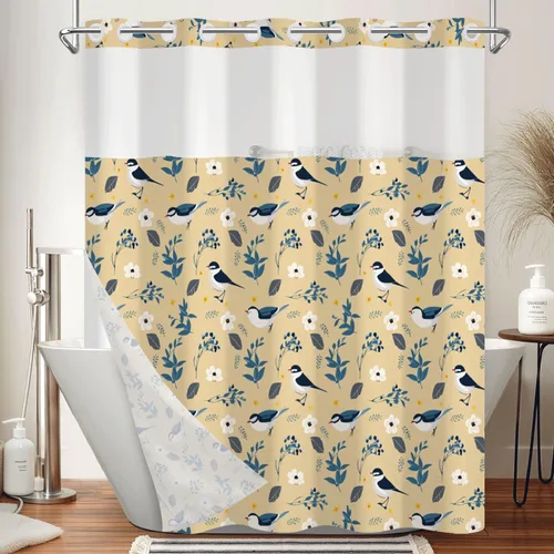 Miniatura 18 de No Hook Geometric Shower Curtain with Snap in Liner - 71″W x 74″L Waterproof Fabric with Mesh Top Window, Modern Abstract Triangle Design Bath