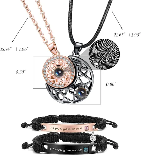 Miniatura 6 de Collar de pareja a juego con sol y luna para él y ella, collar "I Love You", 100 idiomas para parejas y mejores amigos, regalo de Navidad 2023