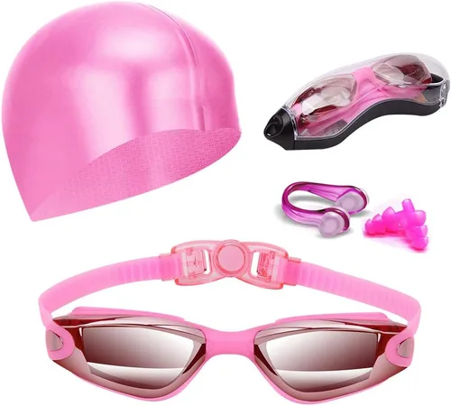 Miniatura 16 de Gafas de natación sin fugas con clip de nariz, tapones para los oídos, gorro de natación y funda para hombres y mujeres Negro