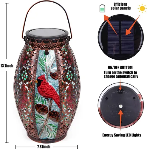 Miniatura 3 de Faroles solares colgantes para exteriores, luz LED cardenal de cristal, impermeable, hueca, decoración de metal, jardín, patio, regalos, mesa