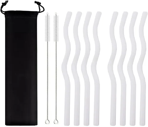 Miniatura 17 de JASHII Pajitas de vidrio onduladas incoloras, 8 pajitas de vidrio reutilizables de 7.87 x 0.31 pulgadas con bolsa negra, multicolor para beber