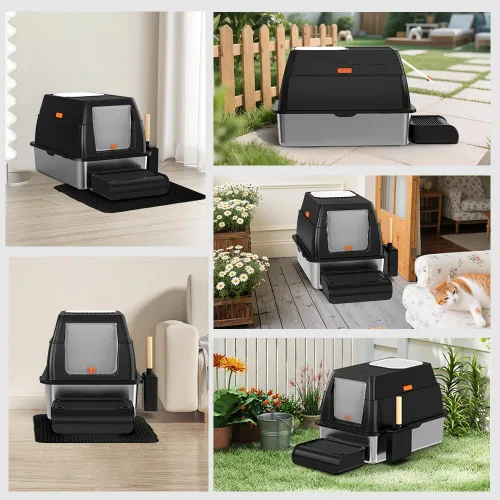 Miniatura 8 de SZEE Caja de Arena de Acero Inoxidable, Caja de Arena para Gatos de Metal Cerrada XL con Salida Superior con Tapa y Recinto, Control de Olores