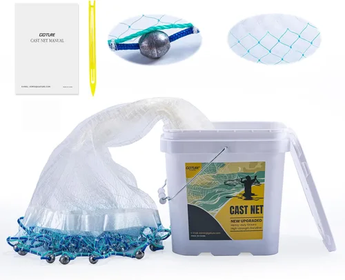 Goture American Fishing Cast Net Saltwater Freshwater, 3/8in Mesh Size Casting Net for Bait Fish Shrimp Trap, Dual Color Double Selvage Add Tape,
