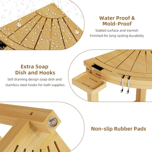 Miniatura 5 de Taburete de ducha esquinero de bambú de 2 niveles para afeitar piernas, banco impermeable con estante de almacenamiento y jabonera, reposapiés
