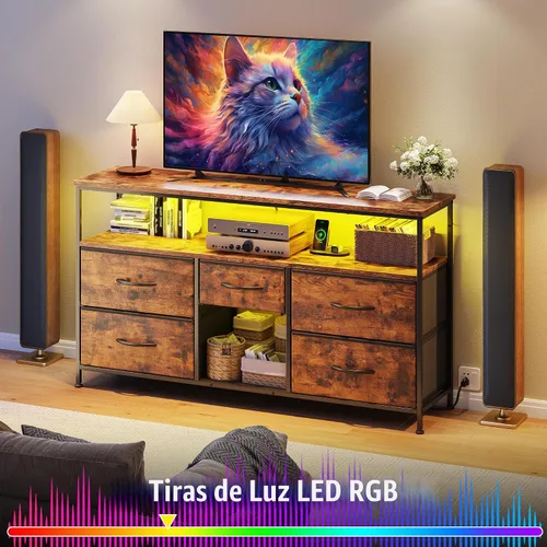 Miniatura 6 de EnHomee Soporte de TV para televisor de 50 pulgadas, centro de entretenimiento con luces LED y tomas de corriente, cómoda de 5 cajones