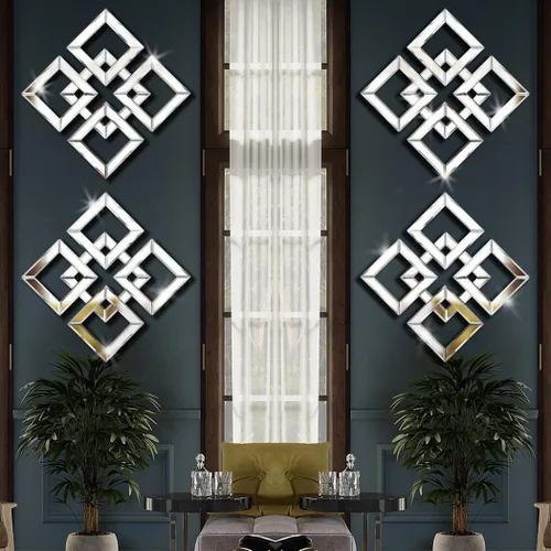 Miniatura 6 de QMDECOR Espejo plateado para decoración de pared de 16 x 16 pulgadas, espejo decorativo moderno de moda para montar en pared, diseño cuadrado, Plata