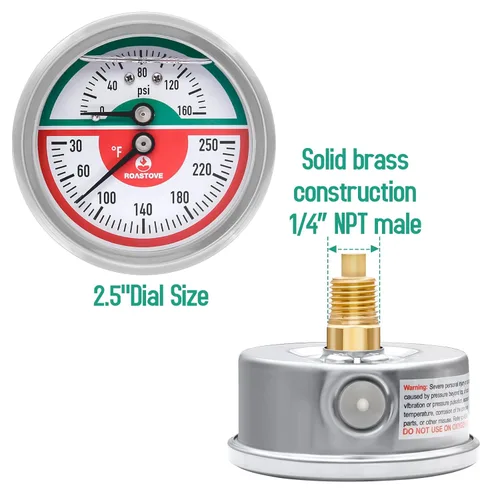 Miniatura 2 de Tridicator, Termo-manómetro, 2-1/2", lleno de aceite de silicona, 0-160psi/30-250 grados F, carcasa de acero inoxidable, 1/4" NPT de montaje trasero