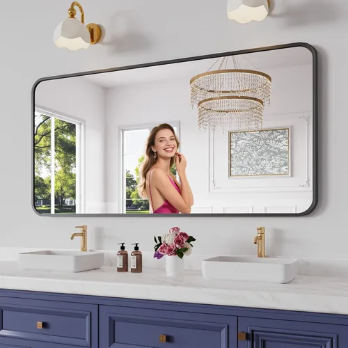 Miniatura 34 de Koonmi Espejo de baño, 30 x 30 pulgadas, espejo con marco de metal negro para baño, vidrio templado, antioxidante, espejo rectangular redondeado